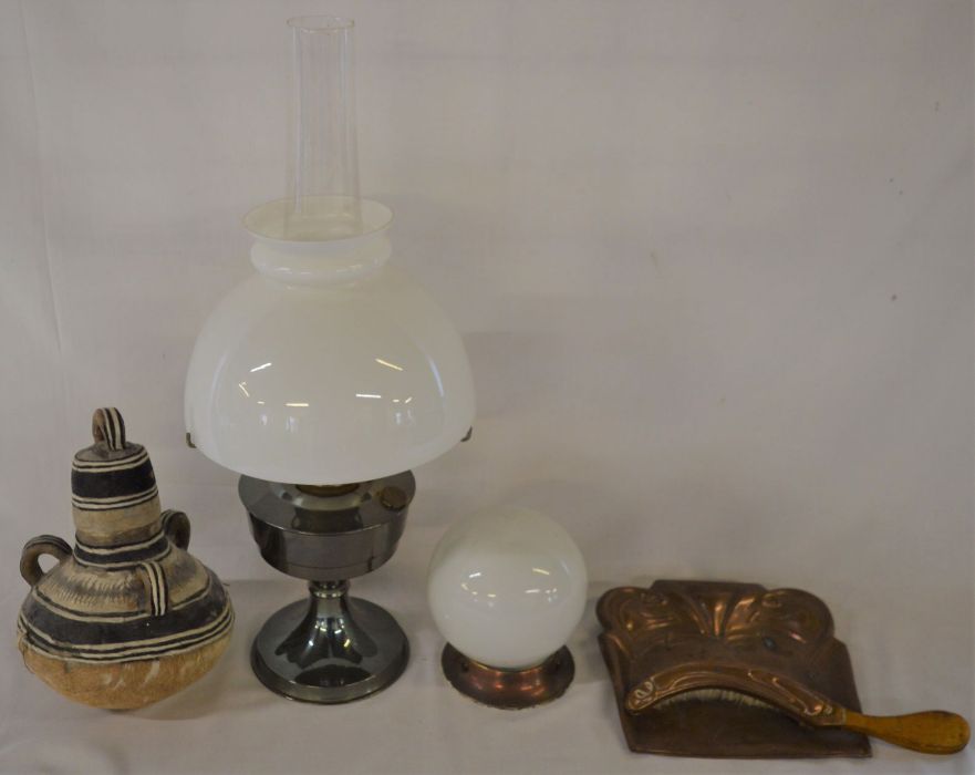 Skin water carrier, paraffin lamp (with broken funnel), spherical ceiling light & an Art Nouveau