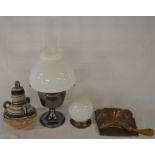 Skin water carrier, paraffin lamp (with broken funnel), spherical ceiling light & an Art Nouveau