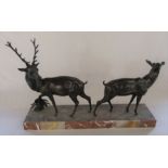 Art Deco spelter stag and doe on a marble base L 60 cm D 14 cm H 40 cm