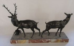 Art Deco spelter stag and doe on a marble base L 60 cm D 14 cm H 40 cm