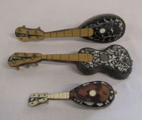 3 tortoiseshell and mother of pearl miniature guitars / lutes L 20 cm and 12 cm