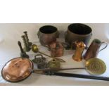 Various brass and copper inc bed pan, candlesticks, jug and watering can