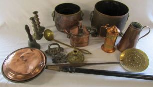 Various brass and copper inc bed pan, candlesticks, jug and watering can