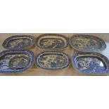 6 Victorian Willow Pattern meat dishes& a tureen stand
