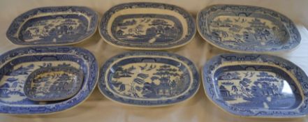 6 Victorian Willow Pattern meat dishes& a tureen stand