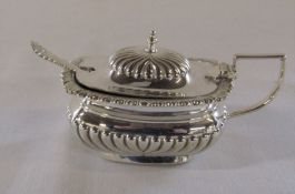 Silver mustard pot with blue glass liner Sheffield 1906 and spoon Birmingham 1905, weight without