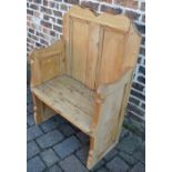 Pine settle made from a door L 72cm Ht 109cm