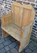 Pine settle made from a door L 72cm Ht 109cm