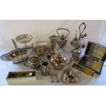 Large quantity of silver plate inc tea service, tureen, vase. condiment sets, cutlery etc