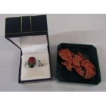 Silver dress ring size Q and a coral brooch 6.5 cm x 4.5 cm (af)