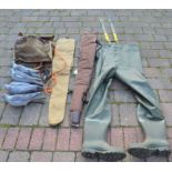 Pair of Elka size 10 fishing waders, 2 gun sleeves, game bag, 4 pigeon decoys, 2 dog leads & a