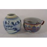 Chinese chamber pot D 17 cm (excluding handle) H 12 cm and a Chinese ginger jar H 17 cm (missing