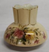 Early 20th century Royal Worcester blushware squat vase with hand painted floral decoration,