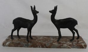 Pair of  Art Deco spelter standing deer on marble base 42cm wide x 10.5cm deep