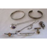 Selection of silver jewellery inc 2 bangles, necklace and pendant and brooches, total weight 1.61