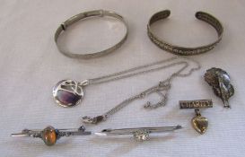 Selection of silver jewellery inc 2 bangles, necklace and pendant and brooches, total weight 1.61