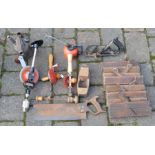 Various tools including vintage wooden moulding planes & 2 42inch bar clamps