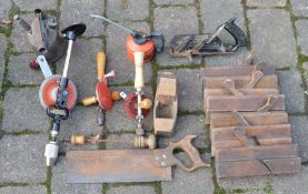 Various tools including vintage wooden moulding planes & 2 42inch bar clamps