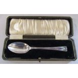 Cased silver christening spoon decorated with enamel Humpty Dumpty, Birmingham 1935, weight 1.09