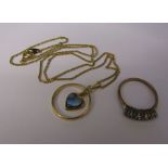 9ct gold ring with paste stones weight 2.1 g size O/P and a gold plated necklace and pendant