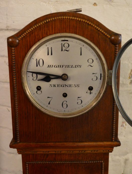 Oak case grandmother clock, retailer Highfield, Skegness. Ht 142cm - Image 2 of 2