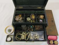 Old jewellery box containing assorted costume jewellery inc mosaic brooch, 9ct gold front and back