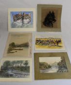 6 x mixed pictures to include - charcoal sketch terrier d.1934 - Margaret Harvey Beach scene d.