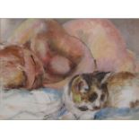 Michael Jenkins - acrylic impressionist painting 'Ashia lying beside cat' 55 cm x 45.5 cm (size