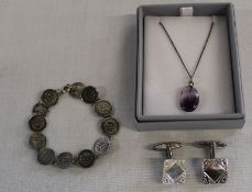 Pair of silver cufflinks, blue john pendant on silver chain & Victorian 1 1/2p coin bracelet