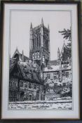 Framed needlepoint picture of Lincoln Cathedral by K Phillips 58 cm x 87 cm (size including frame)