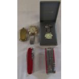 2 Swiss army pen knives, watches and a gold plated sovereign case