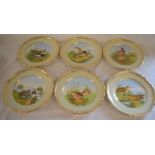Set of 6 Spode cabinet plates with hand painted gamebirds by A Wallis, J Woby & W Burndred each with