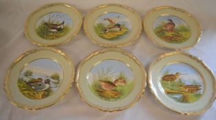 Set of 6 Spode cabinet plates with hand painted gamebirds by A Wallis, J Woby & W Burndred each with