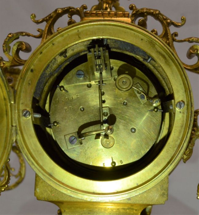 French gilded clock & candelabra garniture. Clock ht 44cm - Image 2 of 7