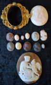 2 unmounted cameos, 11 unmounted miniature cameos (some damaged) & the yellow metal mount for a