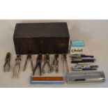 7 Victorian nut crackers, various pens including Parker & Sheaffer, ink & a wooden box