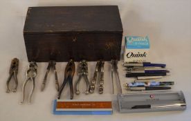 7 Victorian nut crackers, various pens including Parker & Sheaffer, ink & a wooden box