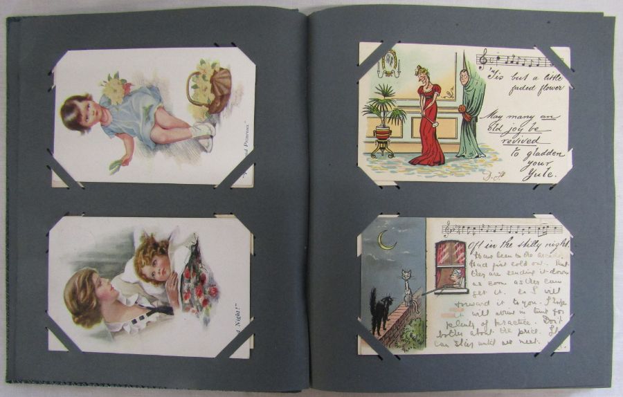 Postcard album - approx 100 Edwardian cards - incuding glamour, children, humour, firsts signed,