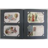 Postcard album - approx 100 Edwardian cards - incuding glamour, children, humour, firsts signed,