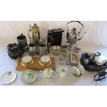 Various items inc silver plate, tankards, child's tea set, clock and barometer set, cine camera