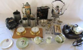 Various items inc silver plate, tankards, child's tea set, clock and barometer set, cine camera