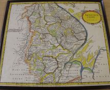 Framed Robert Morden hand-coloured map of Lincolnshire 45.5cm x 40cm