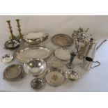 Selection of silver plate inc dishes and tureen and a pair of brass candlesticks