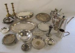 Selection of silver plate inc dishes and tureen and a pair of brass candlesticks