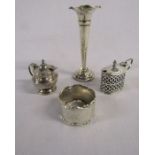 Silver items: Jones & Crompton napkin ring, mustard pot, Robert Pringle & sons specimen vase, and