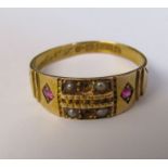 Victorian 15ct gold ring, Chester 1885, decorated with seed pearls and rubies (missing two