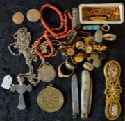 Silver crucifix, (Birmingham 1917), coin pendant, silver fruit knife & blade, coral necklace etc