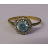 18ct gold diamond and aquamarine cluster ring, size O, weight 2.5 g (mis-shapen and damage to