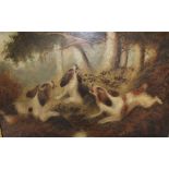 Large oil on canvas depicting 3 spaniels putting up a pheasant, signed George Armfield (1808 - 1893)