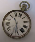 Large nickel cased 8 day goliath pocket watch, movement by Hahn Landeron, features rare platform